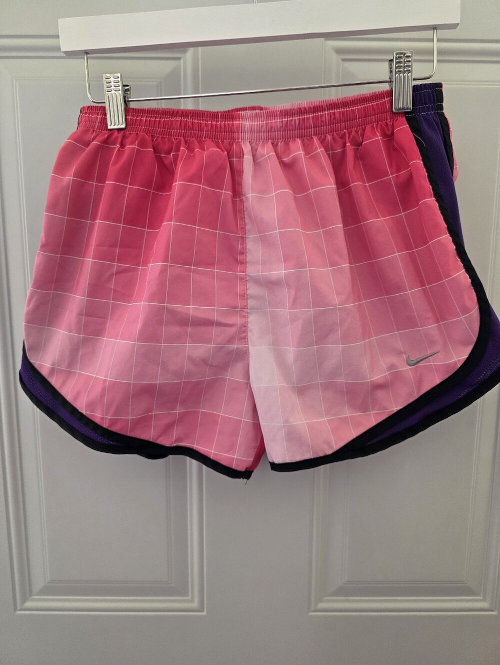 Nike Women's Pink Grid Athletic Shorts with Purple Trim Size Medium